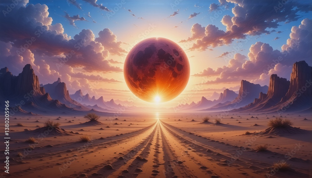 Poster A surreal desert landscape featuring a large sphere suspended in the sky.  A path stretches forward towards the sphere under a vibrant, cloudy sky. Mountains are visible in the distance.