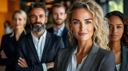 Multinational inclusive group of confident business people with a female leader, Generative AI