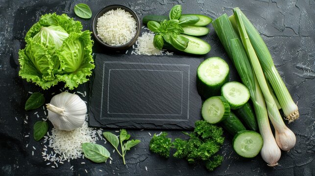 Fresh vegetables and rice on dark slate, blank space for text