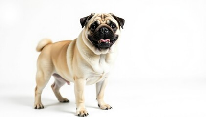 Obraz premium Playful pug, standing, isolated white backdrop, white, brown, pet