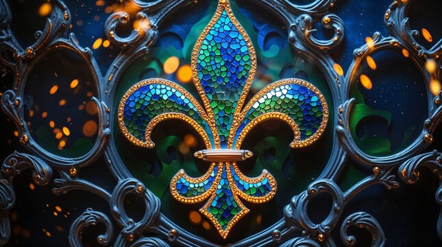 Vibrant mosaic Fleur-de-Lis symbol adorned with colorful gems against an ornate background, showcasing artistic craftsmanship