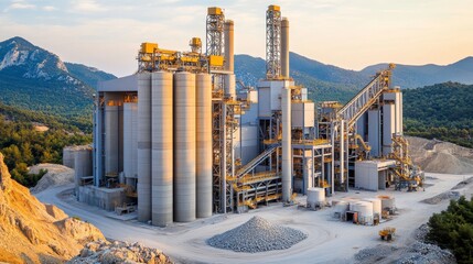 Obraz premium A huge cement factory equipped with large kilns, rotating mixers, and conveyor belts that transport raw materials