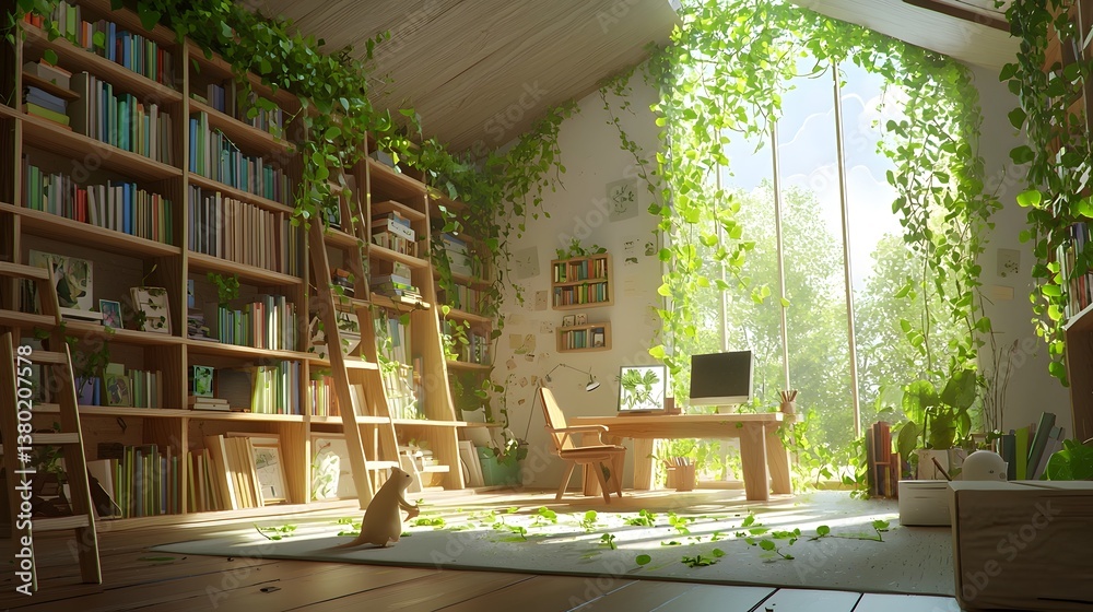 Poster A serene and cozy workspace surrounded by lush greenery where vines and plants have intertwined with the rustic wooden bookshelves creating a harmonious and inspiring environment for study reading