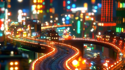 Obraz premium Nighttime cityscape illuminated by various city building lights and glows