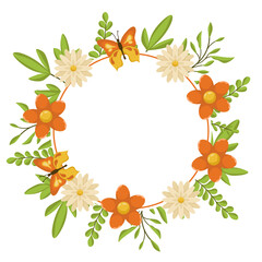 Vector Bright Wreath with Flowers, Leaves and Butterflies. Spring Botanical Illustration for Cards and Invitations with Place for Text.