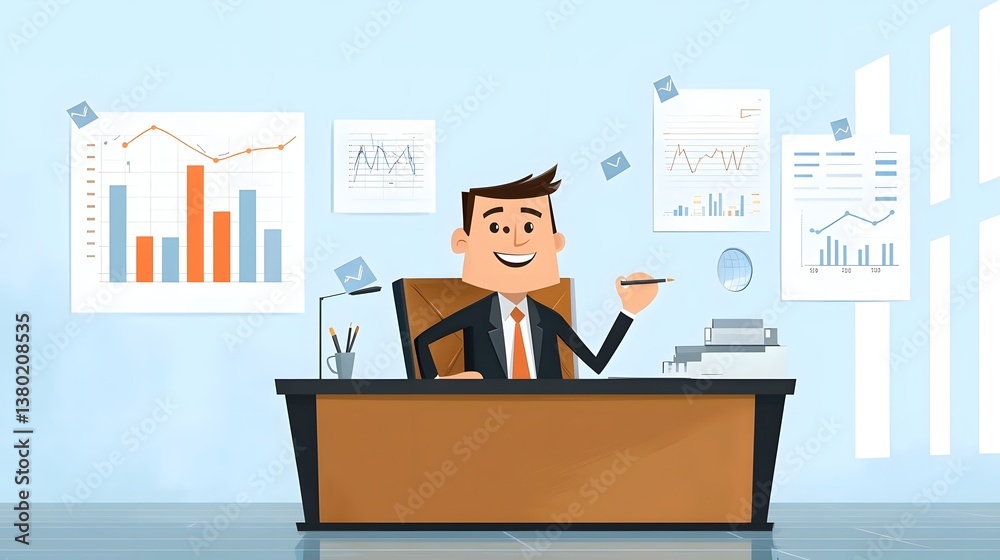 Poster A smiling well dressed CEO sits at his desk analyzing various business charts graphs and data points to make informed decisions and drive company growth