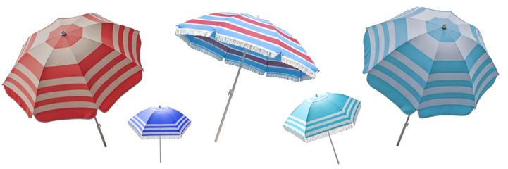 Striped sun umbrella set in different colourful designs. Protection from the sun in summer. Travel and leisure concept. Transparent background. Graphic resource for backgrounds