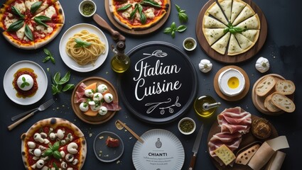 Luxurious Italian Feast Flat Lay: Wood-Fired Pizza, Handmade Pasta & Antipasti on Dark Textured Background &ndash; La Dolce Vita in Every Bite