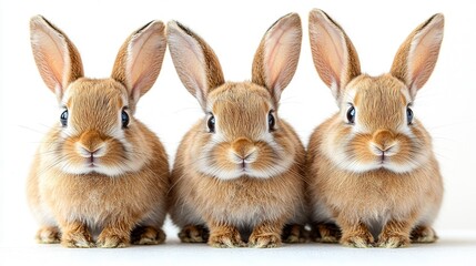 Three fluffy, brown bunnies with big ears sitting closely together on a white background