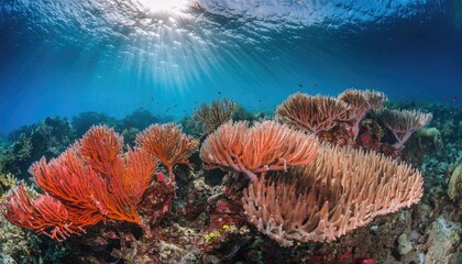Vibrant coral reef ecosystem thrives under sunlight in ocean