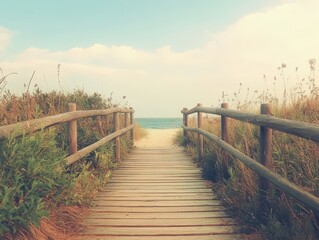 Naklejka premium Romantic summer boardwalk with rustic wooden planks leading to a dreamy coastal view
