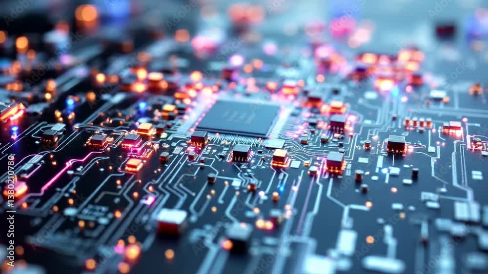 Poster dynamic microchip circuitry with flowing lights and technology pulse