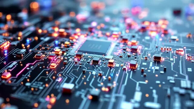 Dynamic microchip circuitry with flowing lights and technology pulse