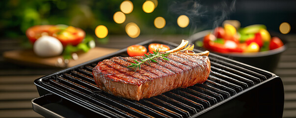 Sizzling Steak Delight: A mouthwatering, perfectly grilled steak rests enticingly on a hot grill, accompanied by fresh vegetables, evoking a sense of culinary enjoyment.