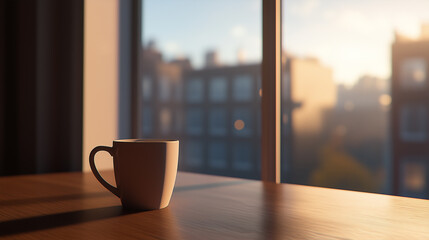 Minimalist workspace with coffee cup on wooden table, embodying calm productivity in morning light.