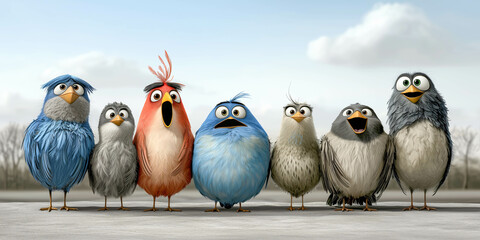 Fototapeta premium Animated Bird Collective: A diverse group of expressive, cartoon birds stand together, displaying varied emotions, each with unique feather patterns and features, set against a muted background.