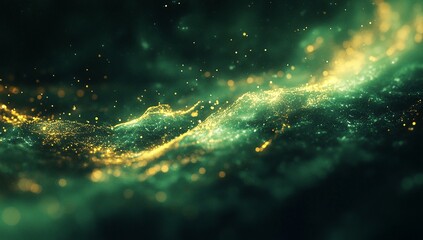 Abstract dark green and gold particles forming waves.  A mesmerizing, textured background image.