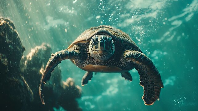 A green sea turtle swimming underwater towards the camera calmly