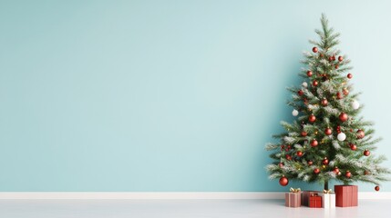 A beautifully decorated Christmas tree with red and white ornaments stands against a light blue wall, accompanied by colorful wrapped gifts underneath.