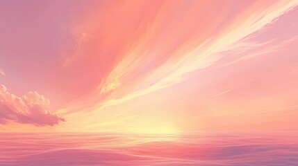 Obraz premium Soft pastel sky with streaks of orange and pink over an endless ocean, peaceful summer atmosphere