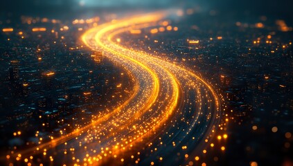 Cinematic Aerial View of an Intricate Highway Interchange, Merging Multiple Roads, Illuminated by Yellow Traffic Lights, Dark Blue Background, Contrast with City Lights, Detailed Urban Landscape, 