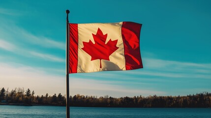 Close-up of Canadian flag blowing in the wind under vibrant sky captured in golden hour light perfect for Canada Day visuals, official posters and national identity designs