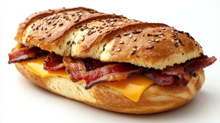 A delicious sandwich featuring crispy bacon, melted cheese, and a sesame-seeded bun, perfect for a tasty meal or snack.