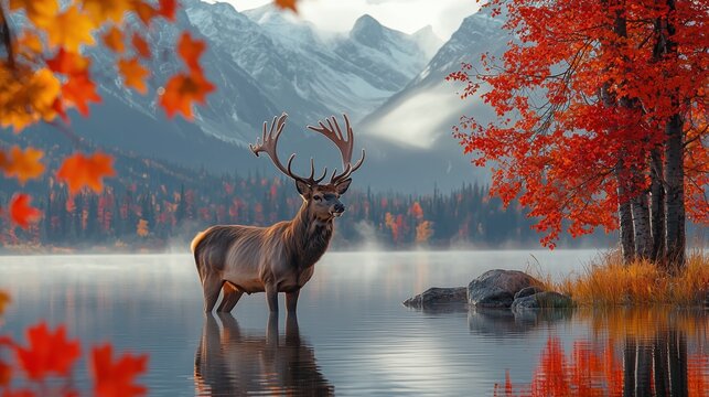 Majestic elk standing in calm lake surrounded by red maple trees and mountain landscape at sunrise, ideal for Canada Day horizontal wallpapers and national celebration visuals
