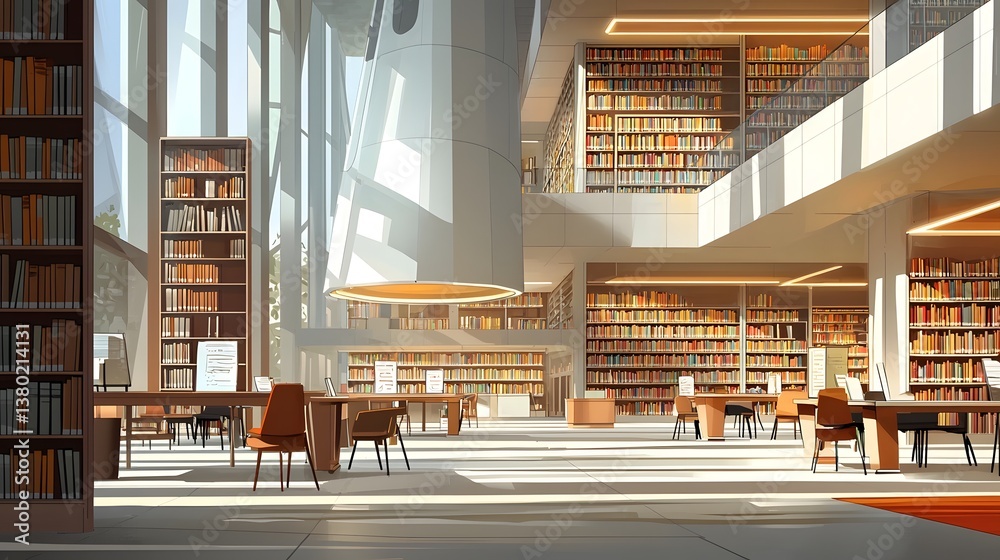 Poster a warm and inviting university library interior featuring towering bookshelves ample study desks