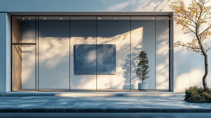 A sleek retail shop storefront, illuminated softly by overhead lights, features a minimalist aesthetic. A lone tree stands beside the entrance, casting gentle shadows as day transitions to evening