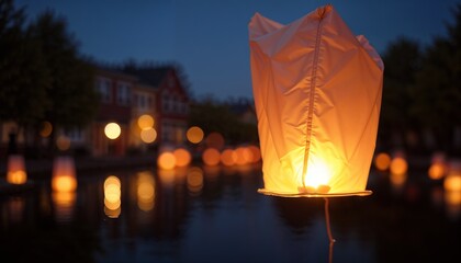 Sky Lanterns Glowing Warmly Reflected on Water at Night