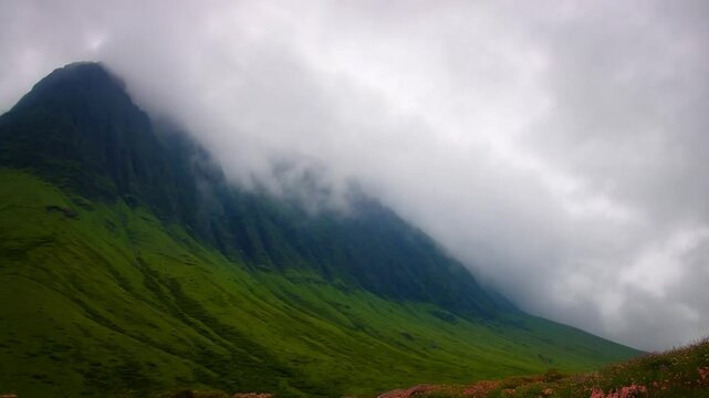 Scenic mountain landscape with clouds, fog, and lush green forests