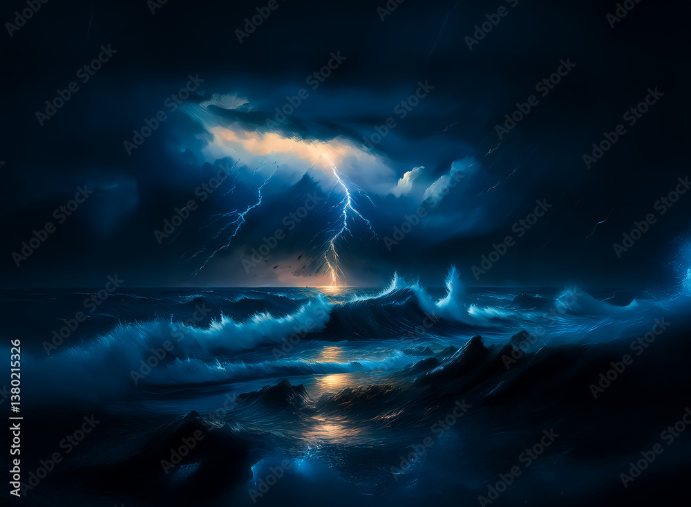 Poster **Description:** A dynamic oceanic scene with a striking lightning storm raging above the churning waters. Dramatic dark clouds dominate the sky, reflecting a stormy sea with crashing waves. Intense e
