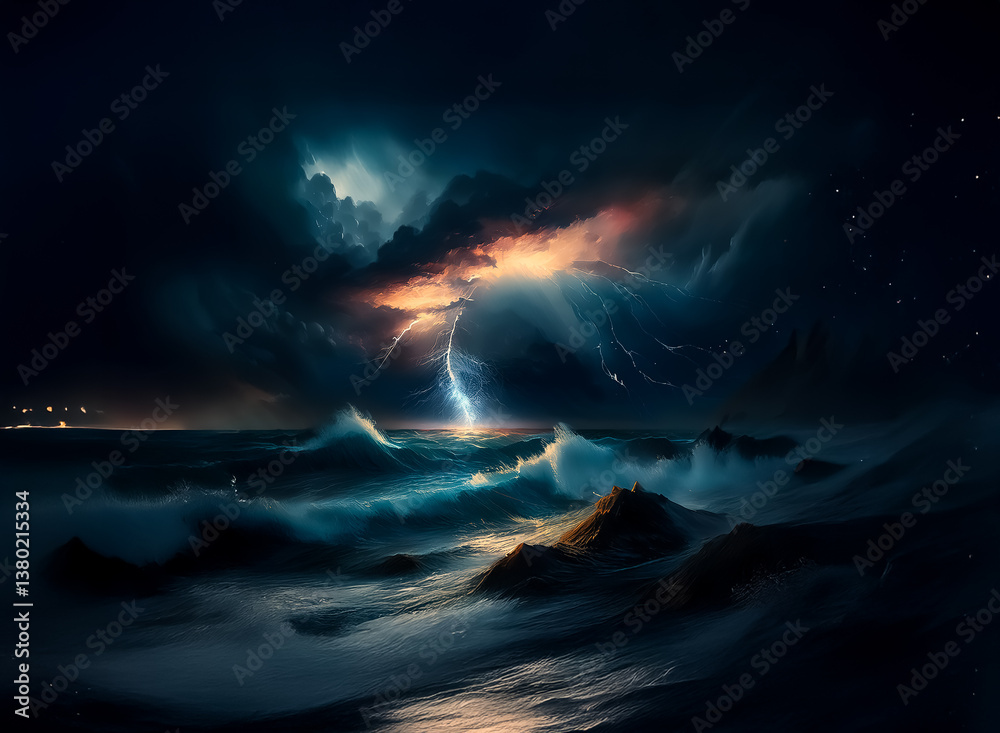 Poster a dramatic seascape hints at an impending storm. lightning dramatically illuminates the dark clouds 