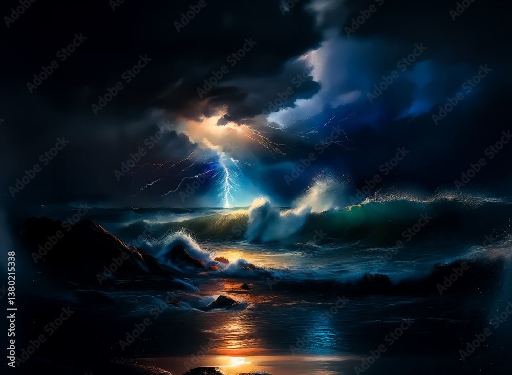 Aufkleber a dramatic seascape, depicting a tempestuous ocean under a stormy sky. lightning illuminates the chu