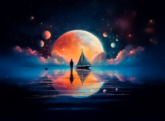 Fototapeta premium Solitary figure stands by sailboat beneath a massive moon and planets. Starry night sky reflects in calm water.