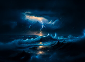 **Description:** A dynamic oceanic scene with a striking lightning storm raging above the churning waters. Dramatic dark clouds dominate the sky, reflecting a stormy sea with crashing waves. Intense e