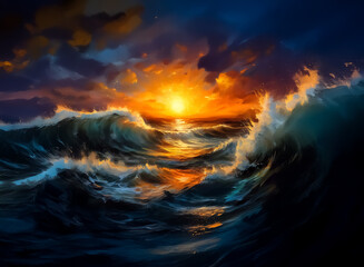 Fototapeta premium Dramatic seascape features a blazing sunset reflecting on towering waves. Hints of vibrant colors paint the sky. The energy of the ocean is palpable. The sun dramatically sets over the water.