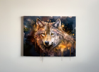 A painted canvas of a majestic animal. The creature has a gaze. The artwork uses warm colors, with golden tones. Hints of darkness surround it.