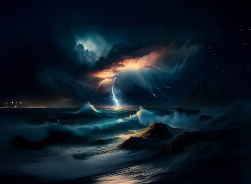 A dramatic seascape hints at an impending storm. Lightning dramatically illuminates the dark clouds and crashing waves over the wild water, creating a scene of power and turmoil. A glimmer of the fara