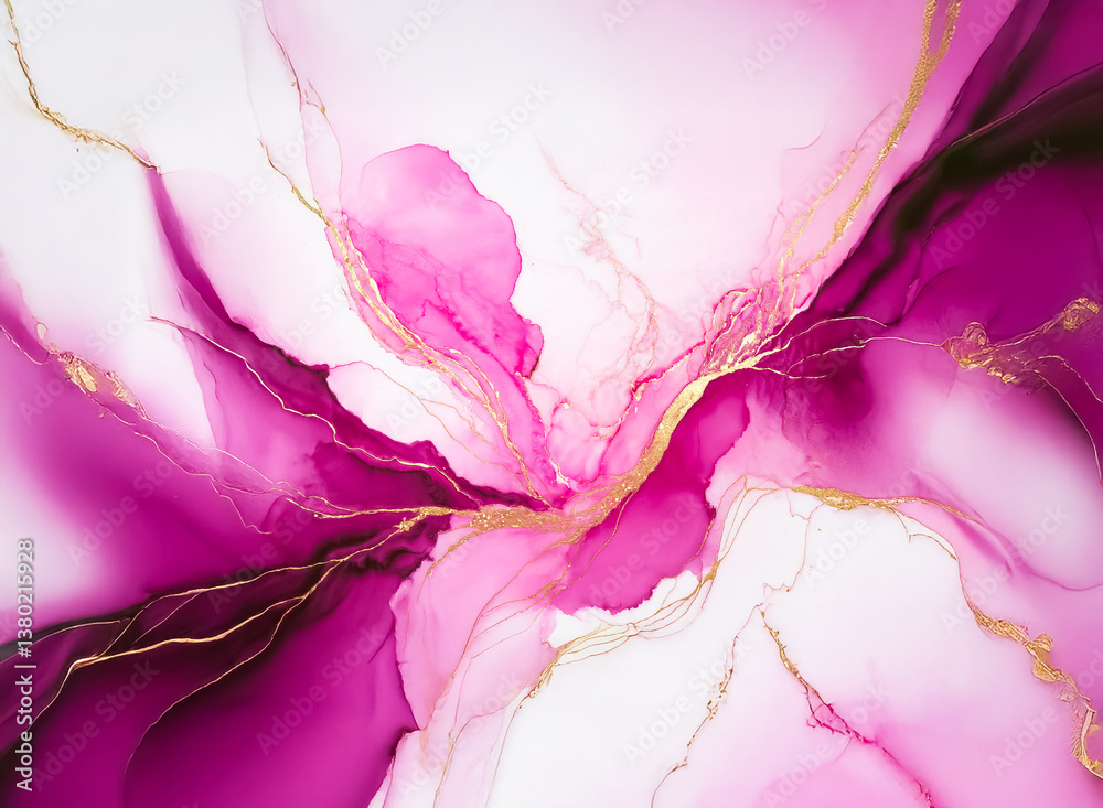 Aufkleber Vibrant abstract art in pink and magenta with gold accents. Fluid and dynamic design with a flowing, ethereal texture.