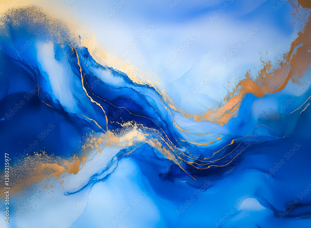 Aufkleber elegant abstract fluid art with swirling blue and gold hues creates a dynamic, luxurious feel. visua
