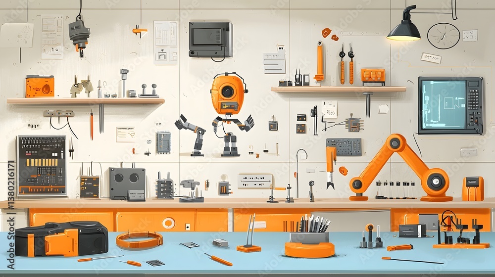Fototapete A well equipped robotics engineer s workshop featuring an array of tools gadgets circuits and half assembled robots showcasing the passion and creativity behind technological innovation