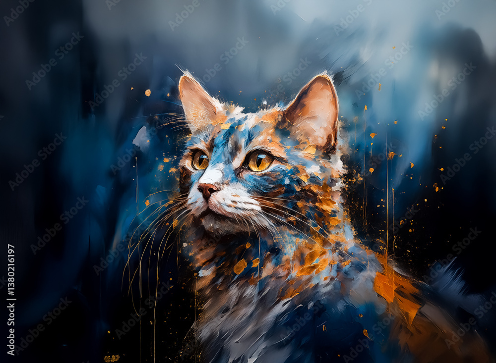 Poster an artistic painting captures the essence of a cat. hints of vibrant orange and blue blend with a da