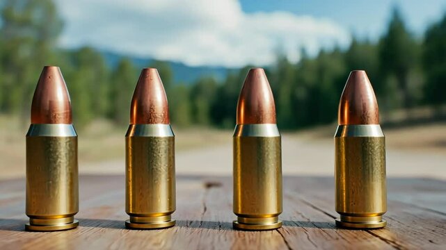 Four bullets are lined up on a wooden table. The bullets are all the same size and color, and they are all pointing in the same direction. The scene is calm and peaceful