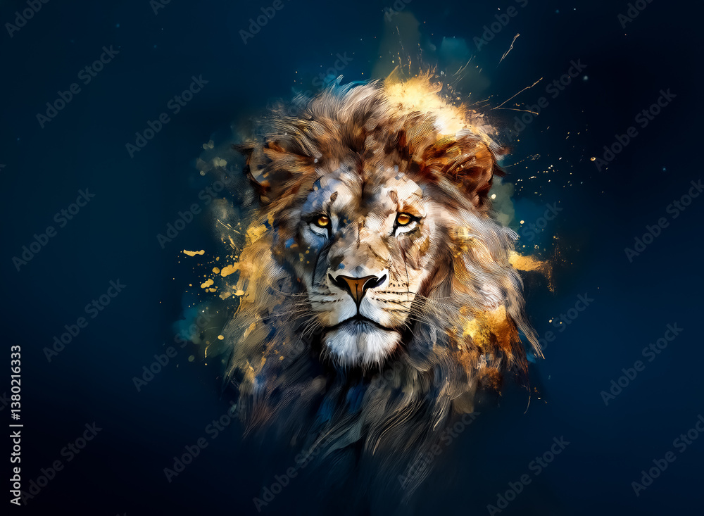 Poster a striking portrait of a lion with a majestic mane, set against a dark blue backdrop. artistic splas