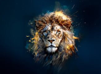 Fototapeta premium A striking portrait of a lion with a majestic mane, set against a dark blue backdrop. Artistic splashes of orange and gold enhance the powerful and intense gaze of the feline.