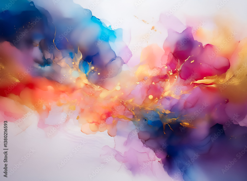 Aufkleber Abstract painting with vivid colors, hints of gold, and flowing forms evokes a sense of ethereal beauty and movement. Hints of light and dark create a captivating display.