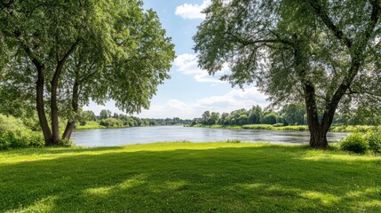 Grassy area with trees and a calm body of water under a blue sky