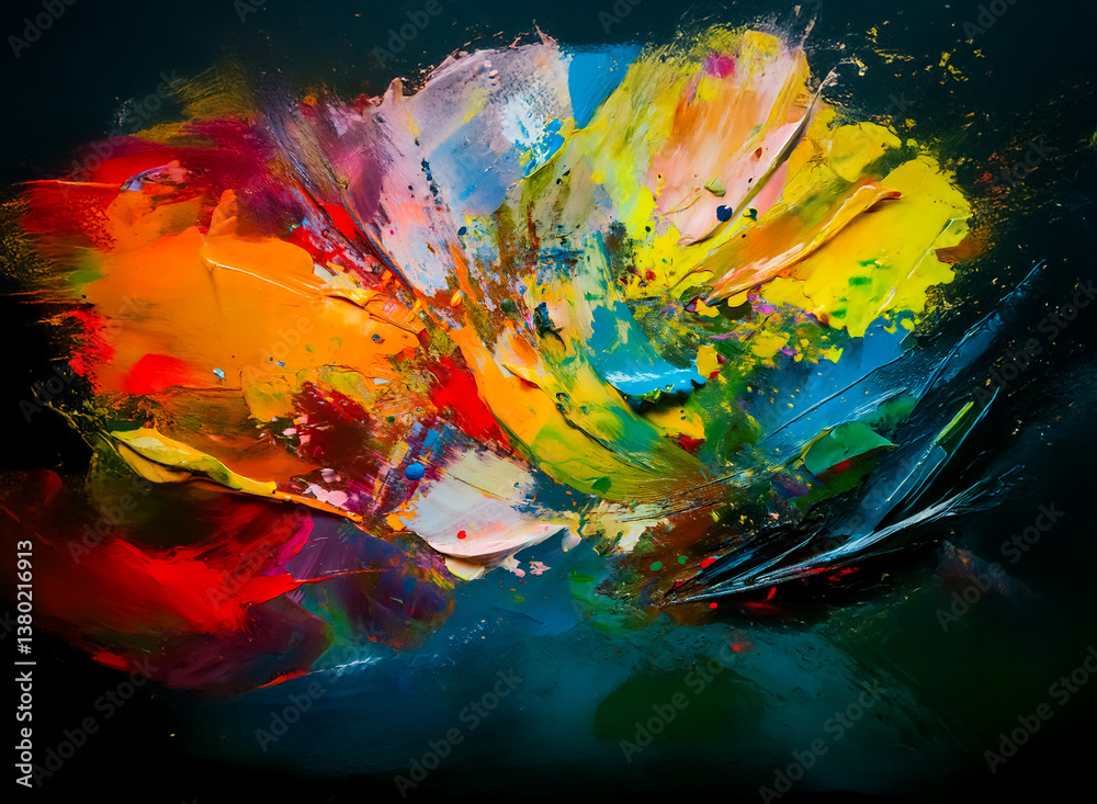 Poster A vibrant abstract painting explodes with color. Bold brushstrokes in a variety of hues creating a sense of movement and energy against a dark backdrop, suggestive of a burst or growth. Hints of textu